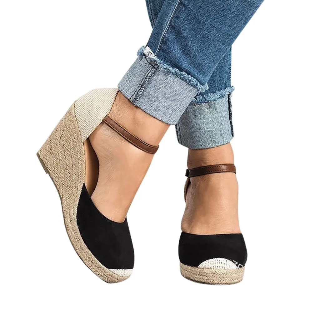 

2019 Fashion Women Flock Wedges High Ankle Outdoor Sandals Peep Toe Casual Shoes Suede high wedge with fish mouth sandals