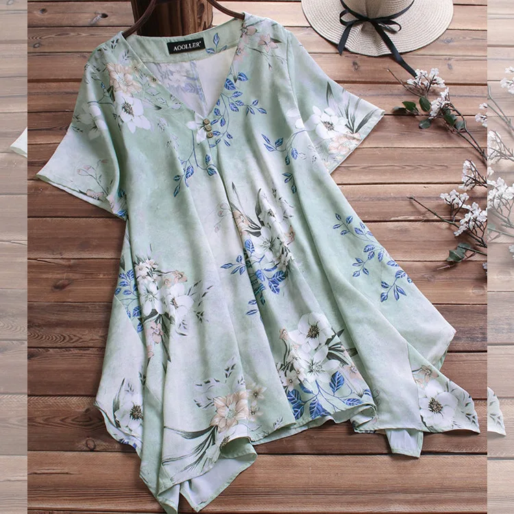 

2019 Summer 4XL Plus Size Women Chiffon Blouses M-5XL Ladies Loose Long Shirt Tops Vintage Print Large Size Casual V-neck Blouse