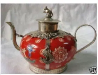 

Crafts Arts Silver teapot red porcelain Tibet Healing Medicine statue copper tools wedding Decoration Brass
