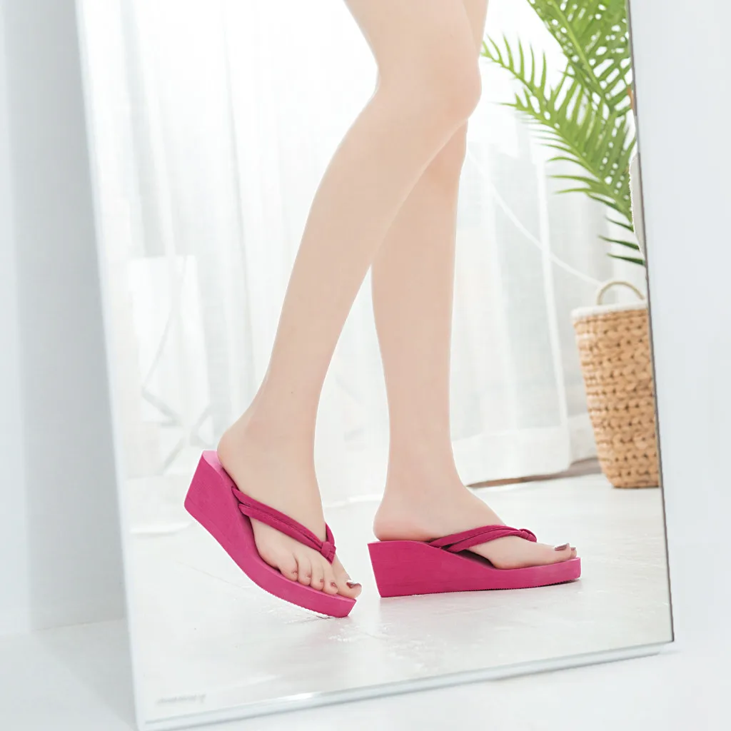 

MUQGEW Home Slippers Women Platform Wedge Pink Women's Solid Color Non-Slip Feet Flip-Flops High-Heeled Beach EVA Solid Sandals