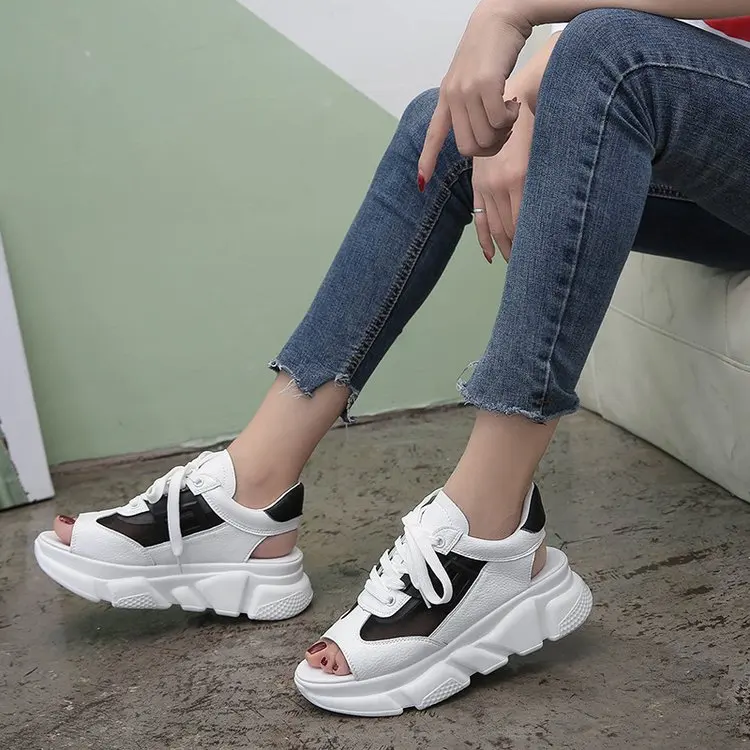 

Dropshipping Women Sandals 2019 Summer Muffin Thick Bottom Fish Mouth Sports with Breathable Mesh Pu Leather Women Casual Shoes