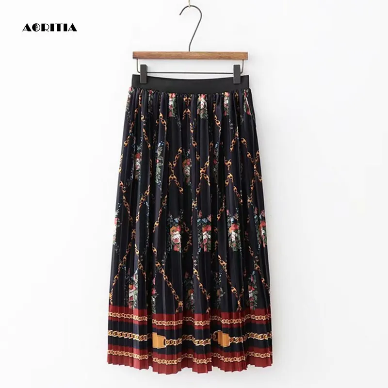Спринт зимняя женская плиссированная юбка с принтом эластичная талия длинные юбки Saia макси юбка