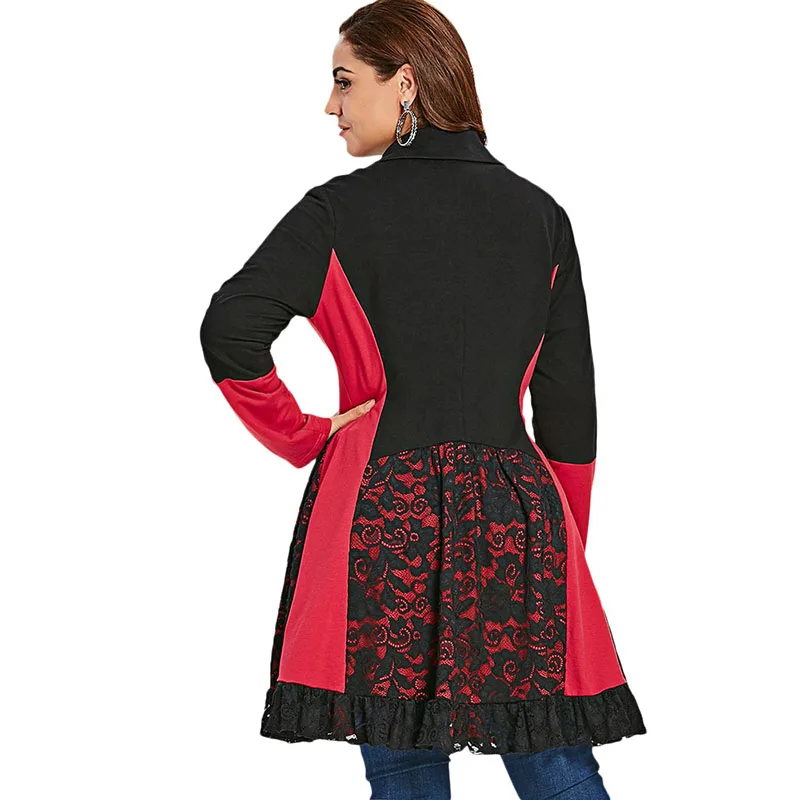 PlusMiss زائد حجم 5XL الدانتيل طويلة الأكمام زر سترة معطف XXXXL XXXL XXL النساء الخريف الشتاء 2018 خمر طويل معطف قميص PlusMiss زائد حجم 5XL الدانتيل طويلة الأكمام زر سترة معطف XXXXL XXXL XXL النساء الخريف الشتاء 2018 خمر طويل معطف قميص