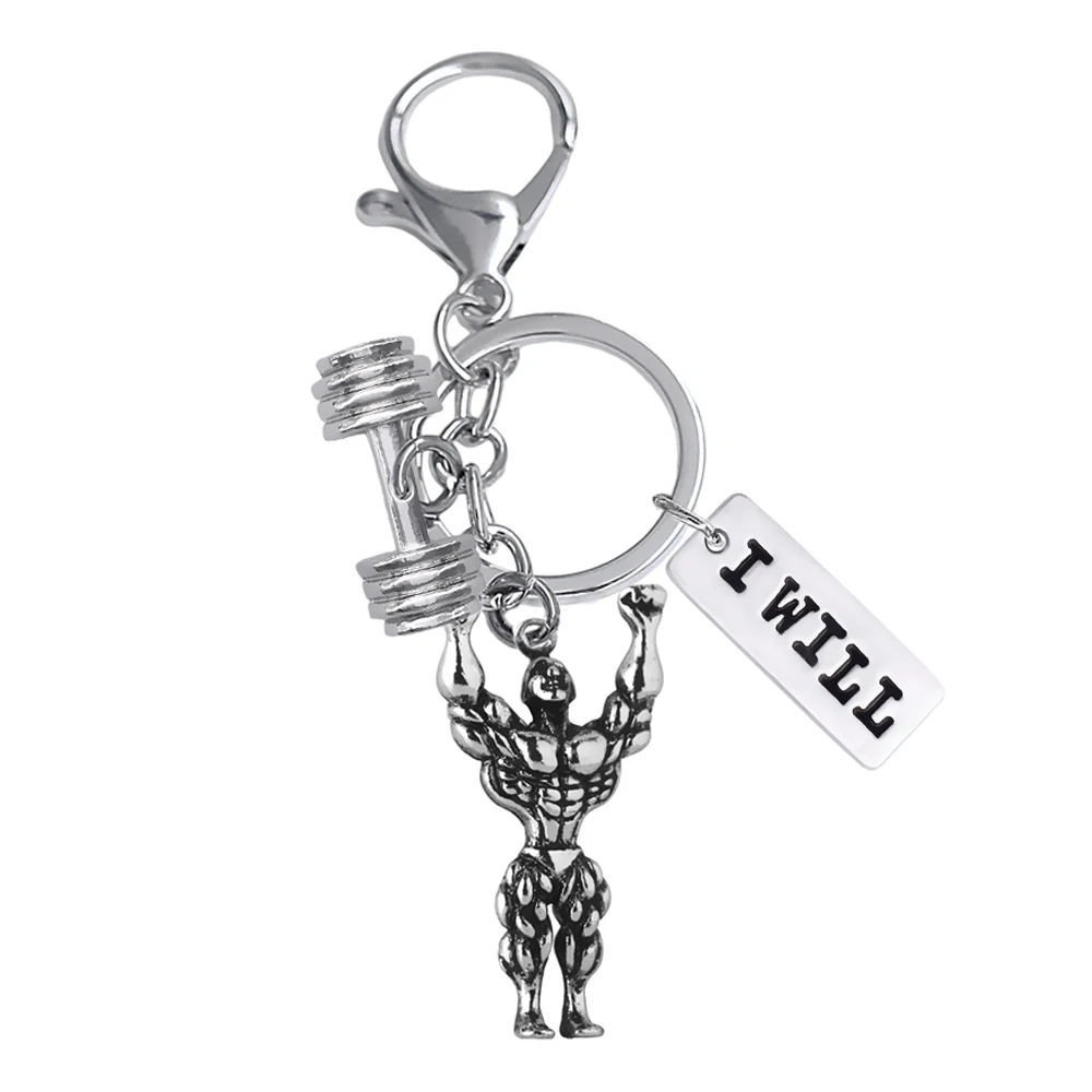 Delicate metal barbell pendants lobster buckle keychain bodybuilding