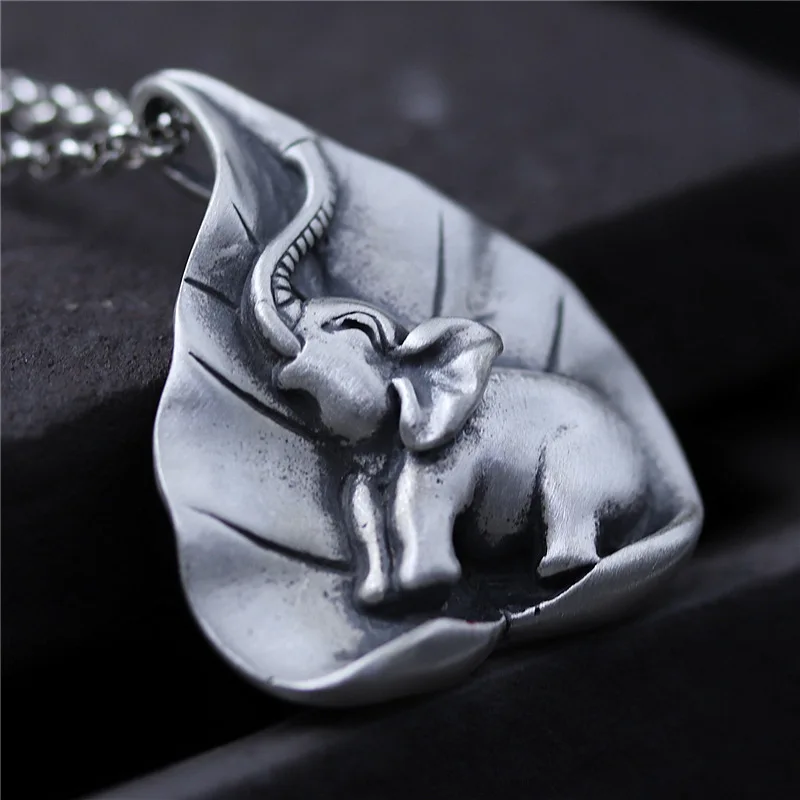 

C&R Real 990 Sterling Silver pendant Necklace for women Vintage Elephant Pendant Bodhi Leaf Thai Silver Fine Jewelry
