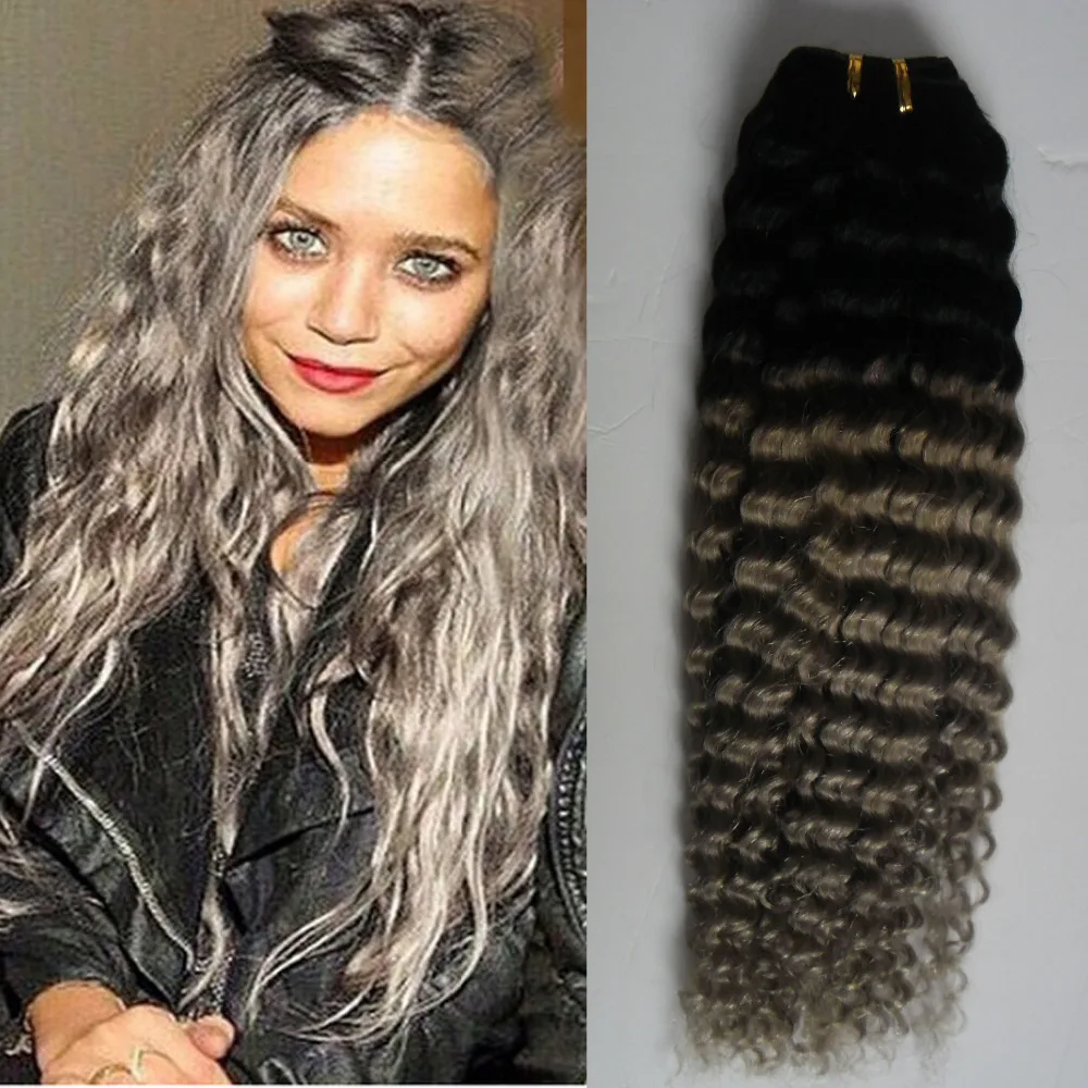 Brazilian Kinky Curly Grey Hair Weave 100g 1b Grey Ombre Brazilian Hair Human Remy Hair Bundles Hair Extensions Silver Weave