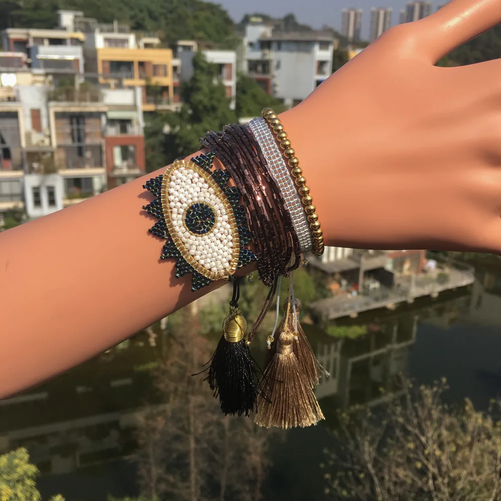 

MIYUKI Bracelets Turkish Evil Eye Jewelry Black Crystal Pulseras Lucky Evil Eye Cuff Bracelets Tassel Women Handmad Delica Beads