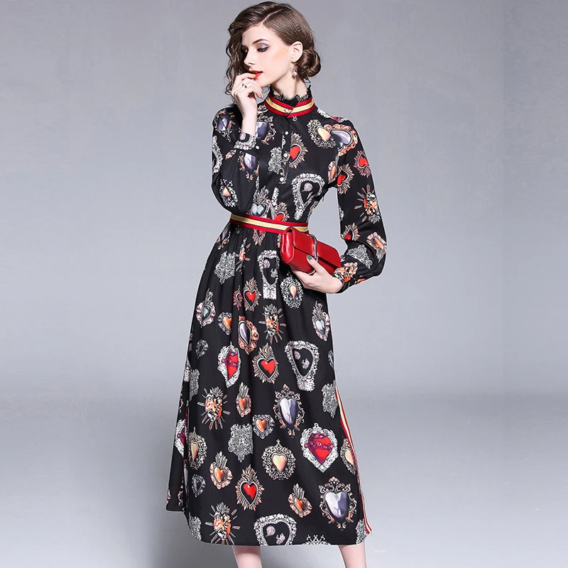 

2019 Fashion Runway Designer Autumn Dress Women's Long Sleeve Stand Collat Gorgeous Heart Pattern Printed Long Elegant Dresses
