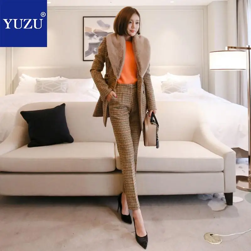 Womens Suits Set 2 Pieces Set Cashmere Blazer And Pants Noble Fur Turn-down Collar Double Breasted Office Khaki Plaid Pant Suits