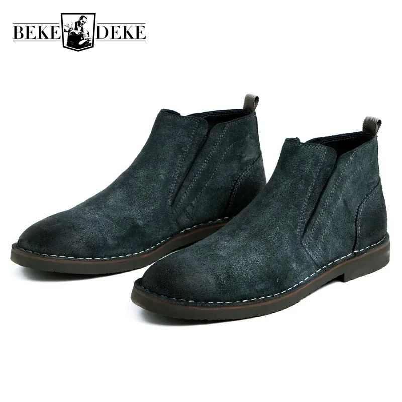 

Retro Men Genuine Suede Leather Work Safety Boots Slip On Male Shoes Green Black Winter Flats Large Size Biker Bota Masculina
