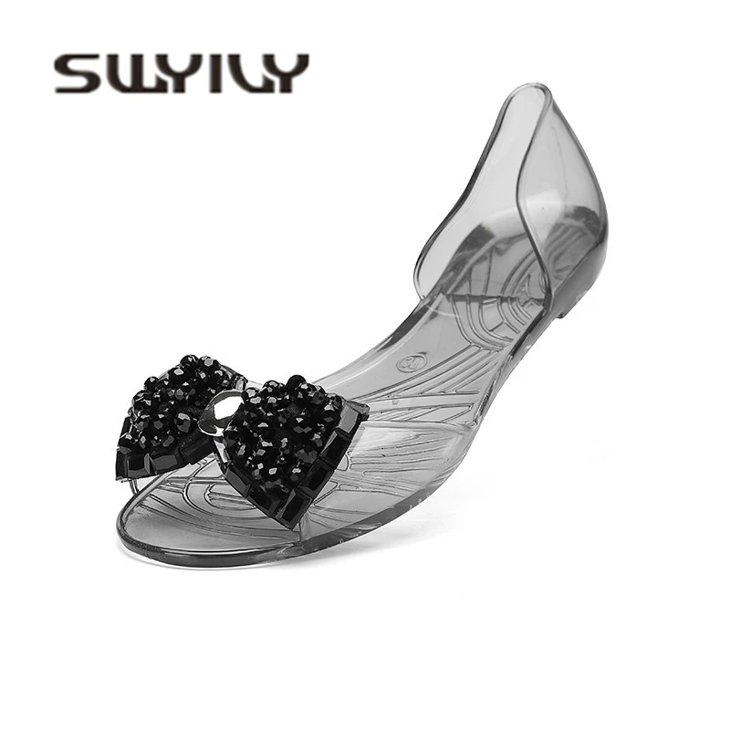 SWYIVY Crystal Sandals Flats Woman Bow 2018 Soft Female Fashion Summer Shoes Comfortable Fish Mouth Bleading Sandals Jelly Shoes