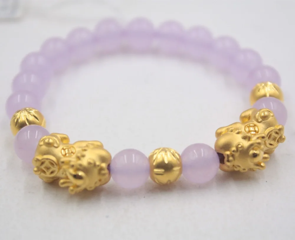 

New Real 24k Yellow Gold Luck Carved Bead Pixiu With Purple Stone Bead Bracelet For Women Men Girl Ladies 16inch 4.8-5.0g