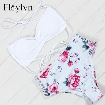 

Floylyn Sexy High Waist Bikini Swimwear Women Flower Biquini Swimsuit Brazilian Bikinis Set Push Up White Top Swimsuit Women