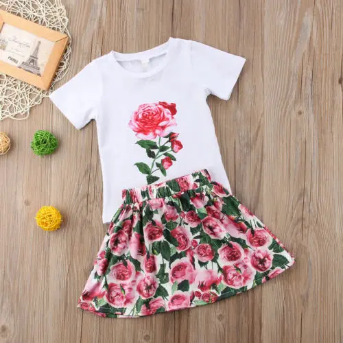 

2018 New Summer Kids Girls Floral Skirts 2PCS Baby Girls T-shirt Top+Flower Skirt mini Dress Outfits Children Casual Clothes Set