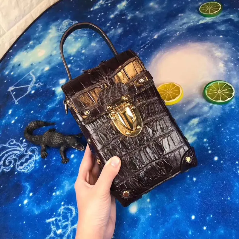 

Fashion Designer Genuine Crocodile Alligator Leather Lady Mini Studs Box Handbag Female Phone Clutches Women Chain Shoulder Bag