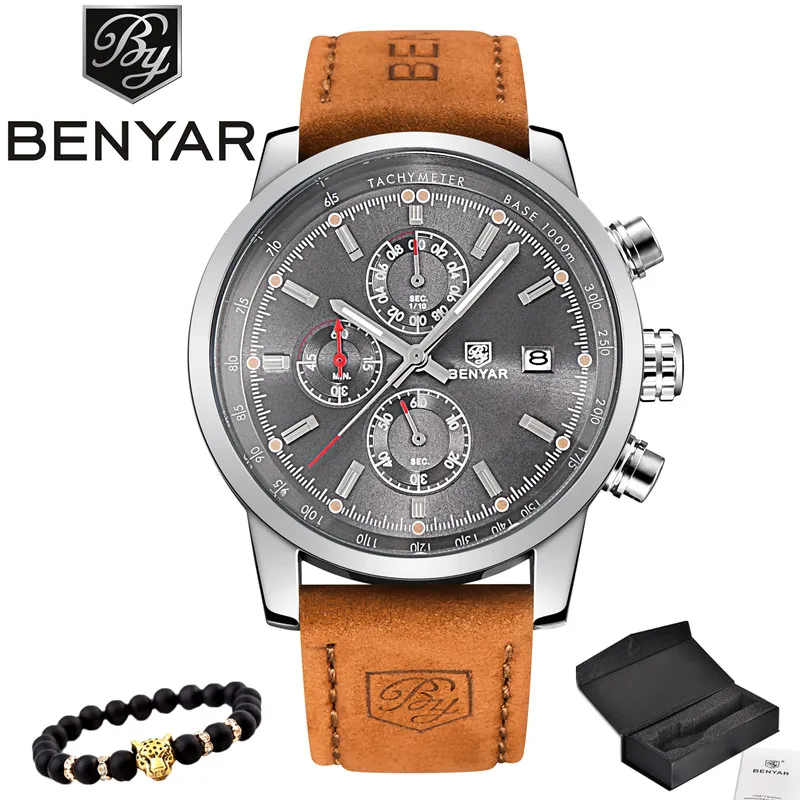 Reloj Hombre Топ бренд класса люкс BENYAR модные спортивные мужские часы с хронографом военные кварцевые часы Relogio Masculino - Цвет: Silver gray