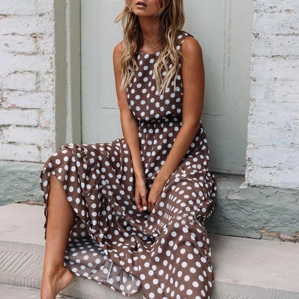 

Coffee Dot Print Long Dress Women Sleeveless Round Neck Summer Beach Dresses Ladies Vintage Dress #VE