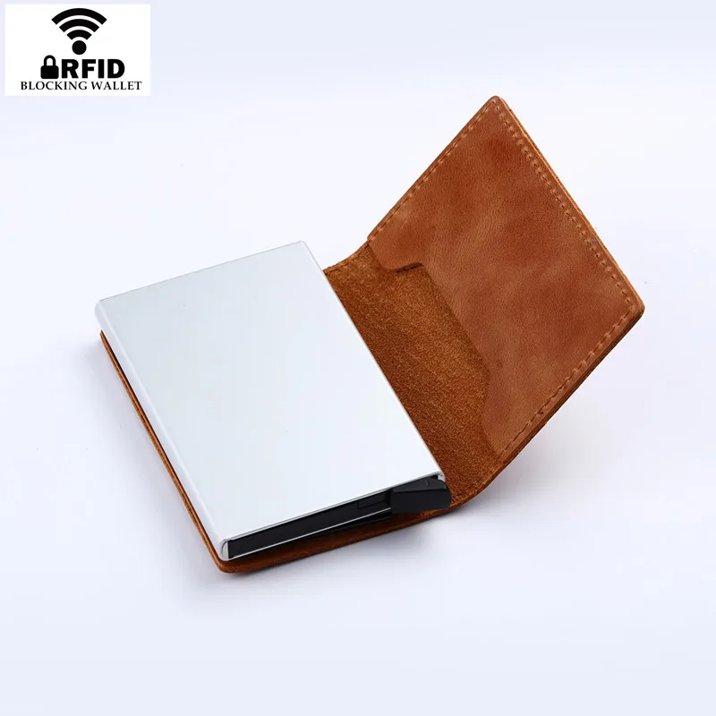 BISI GORO кошелек из натуральной кожи держатель для карт винтажный кошелек Crazy Horse кожаный Rfid алюминиевый бизнес-держатель для карт
