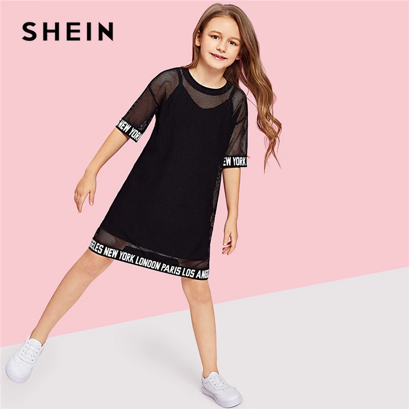 SHEIN/повседневное платье для девочек с надписями и сетчатым подолом; Одежда для девочек; весна г.; корейские прямые Детские платья с коротким рукавом для девочек