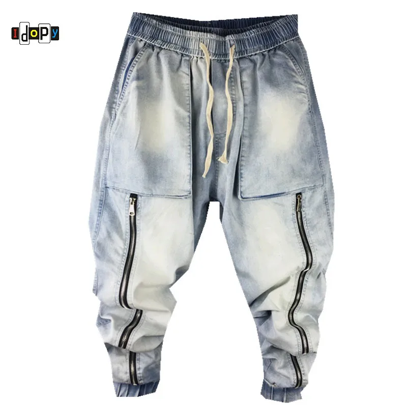 

Idopy Harem Jeans Zippers Vintage Washed Drop Crotch Loose Fit Elastic Waist Drawstring Big Pockets Denim Joggers For Man