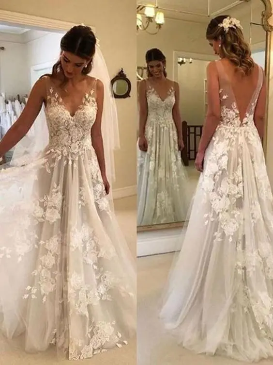 

Boho Wedding Dress With Floral Flowers A Line Deep V Neck Tulle Low Backless Beach Bohemian Wedding Dresses Fitted Women Slub