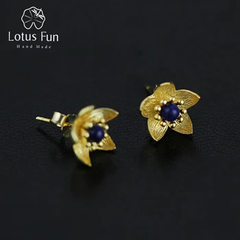 

Lotus Fun Real 925 Sterling Silver Natural Lapis Creative Handmade Fine Jewelry Fresh Flower Stud Earrings for Women Brincos