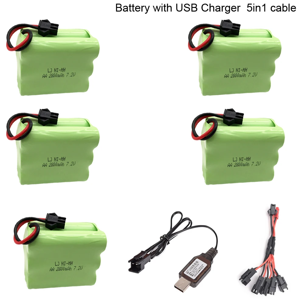 

7.2v 2800mah AA NI-MH Battery SM Plug with USB charger 5in1 cable High capacity electric toy battery Remote car ship robot 7.2 V