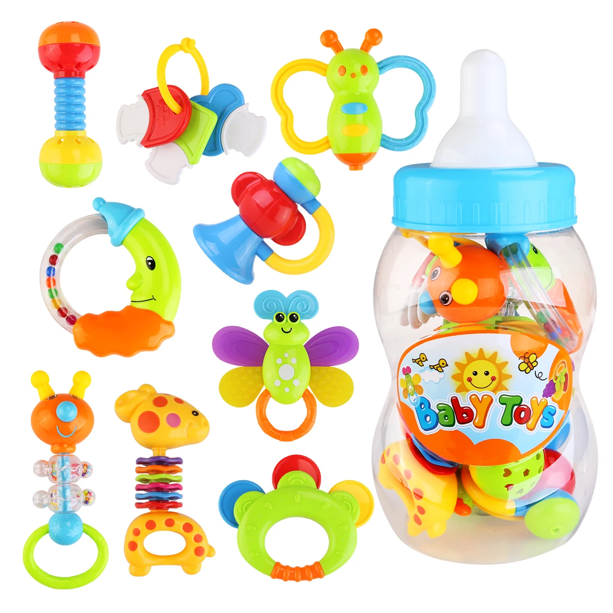 9 pièces Babys premier hochet et jouet de dentition avec bouteille de lait géante saisir jouet coloré (couleur aléatoire)