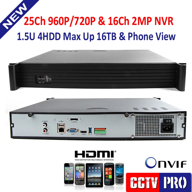 1.5U Casing CCTV NVR,Support 25Ch 960P Or 16Ch 1080P Or 9Ch 3MP Or 4Ch 5MP IP Cameras ,Support Standard Onvif,P2P,4HDD
