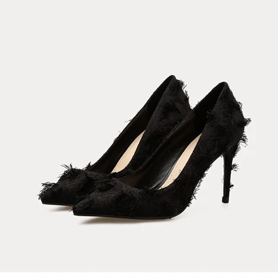 Veowalk/женские туфли-лодочки на высоком каблуке с бахромой; модные пикантные женские туфли-лодочки с острым носком без застежки; Свадебная обувь на шпильке - Цвет: Black 8cm Heels