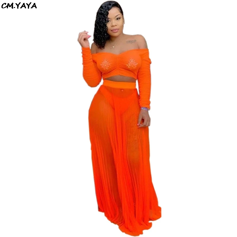 

2019 women summer off shoulder long sleeve crop top pleated maxi skirts suit twop piece set long chiffon dress tracksuit CY8131