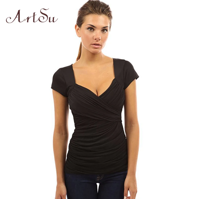 Арцу футболка s Женская летняя с v-образным вырезом короткий рукав Базовая футболка офисная модная футболка тонкая сексуальная рубашка Топы ASTS20338