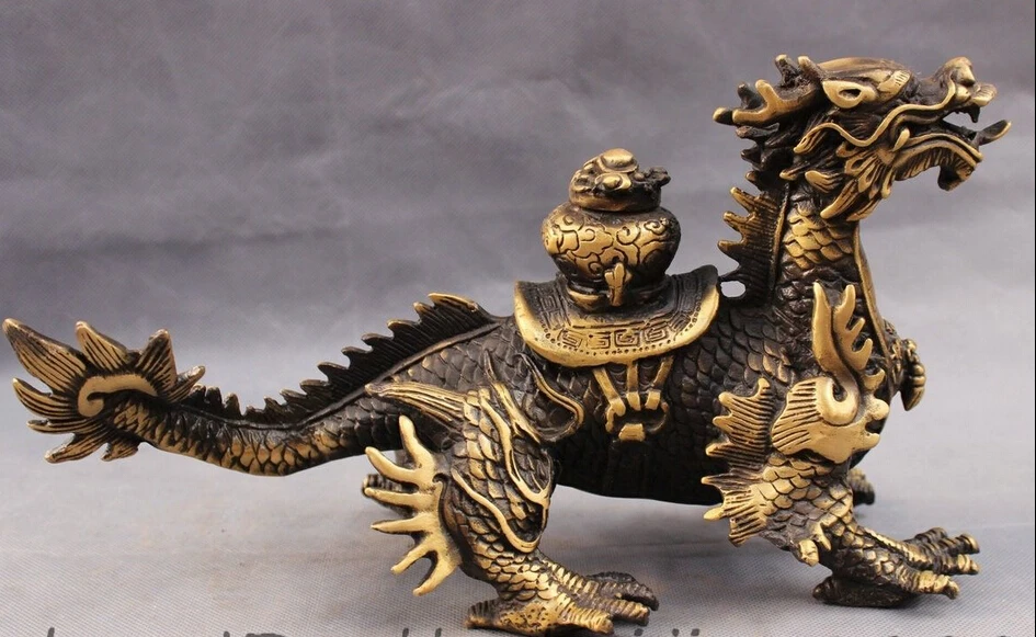 

zhaorui488411++12" China Chinese Bronze Auspiciou Bowl Wealth Fly Dragon Kulin Unicorn Statue