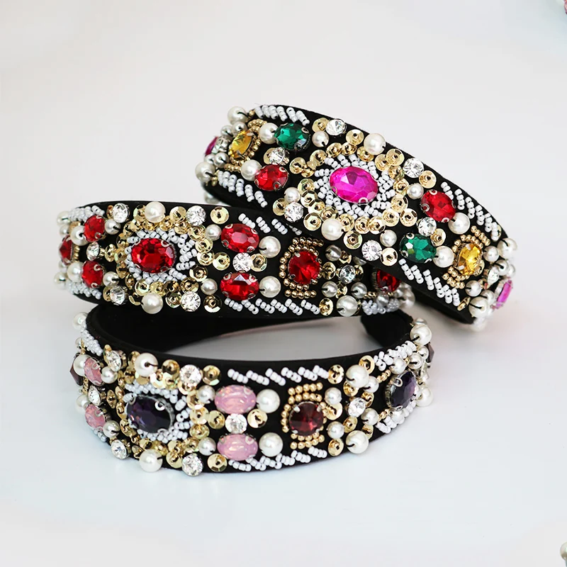 

Luxury Baroque Crown and Tiaras Handwork Crystal Beads Sequins Wide Hairbands Wedding Hair Jewelry Party Bridal Hair Accessories