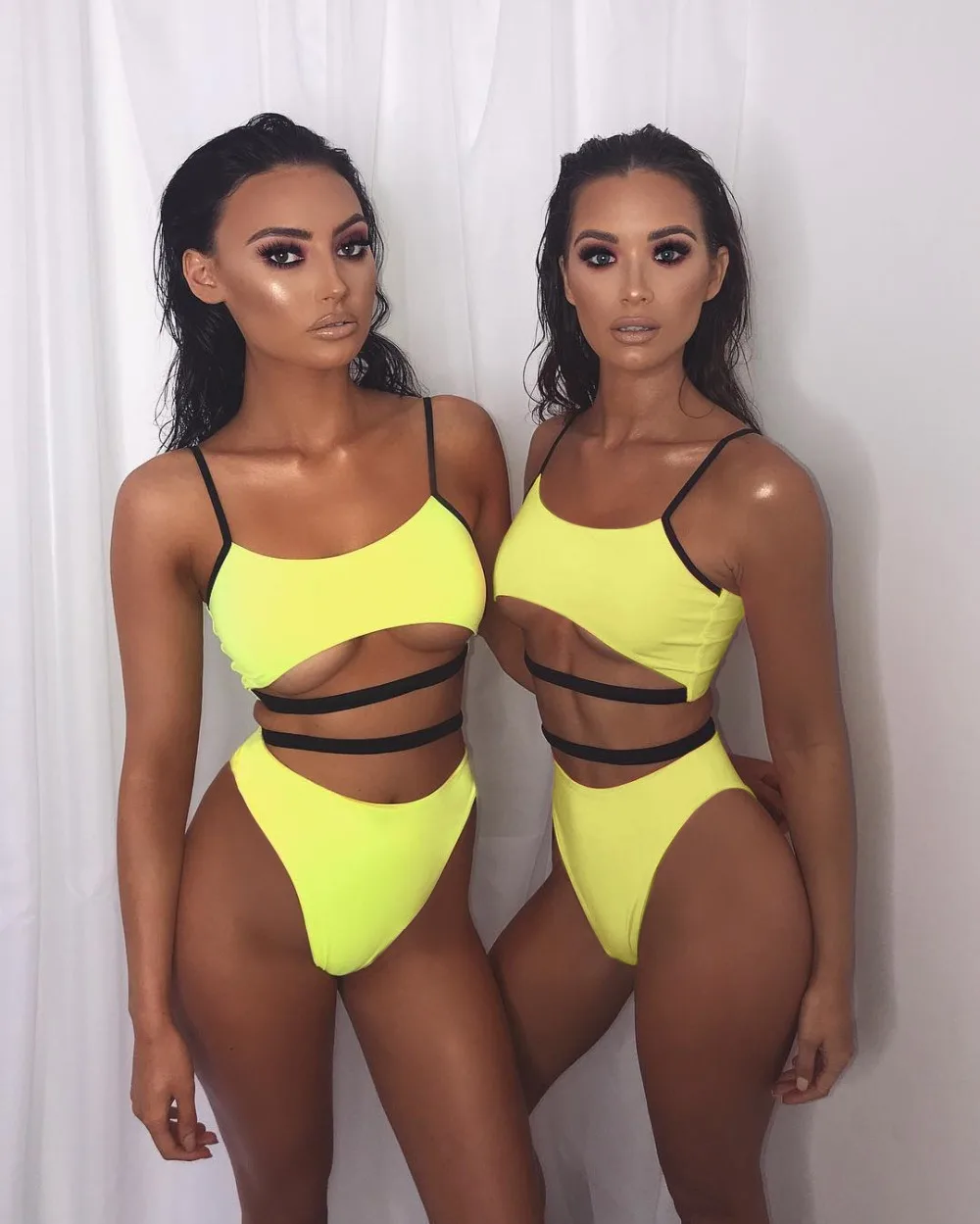 

swimwear women 2019 new arrivals summer lime green & black cut out high waist two piece sets swimsuits wholesale