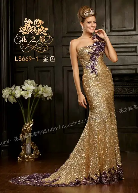 One Shoulder Purple Gold Sequins Dress Luxury Evening In One Shoulder Purple Gold Sequins Dress Luxury Evening