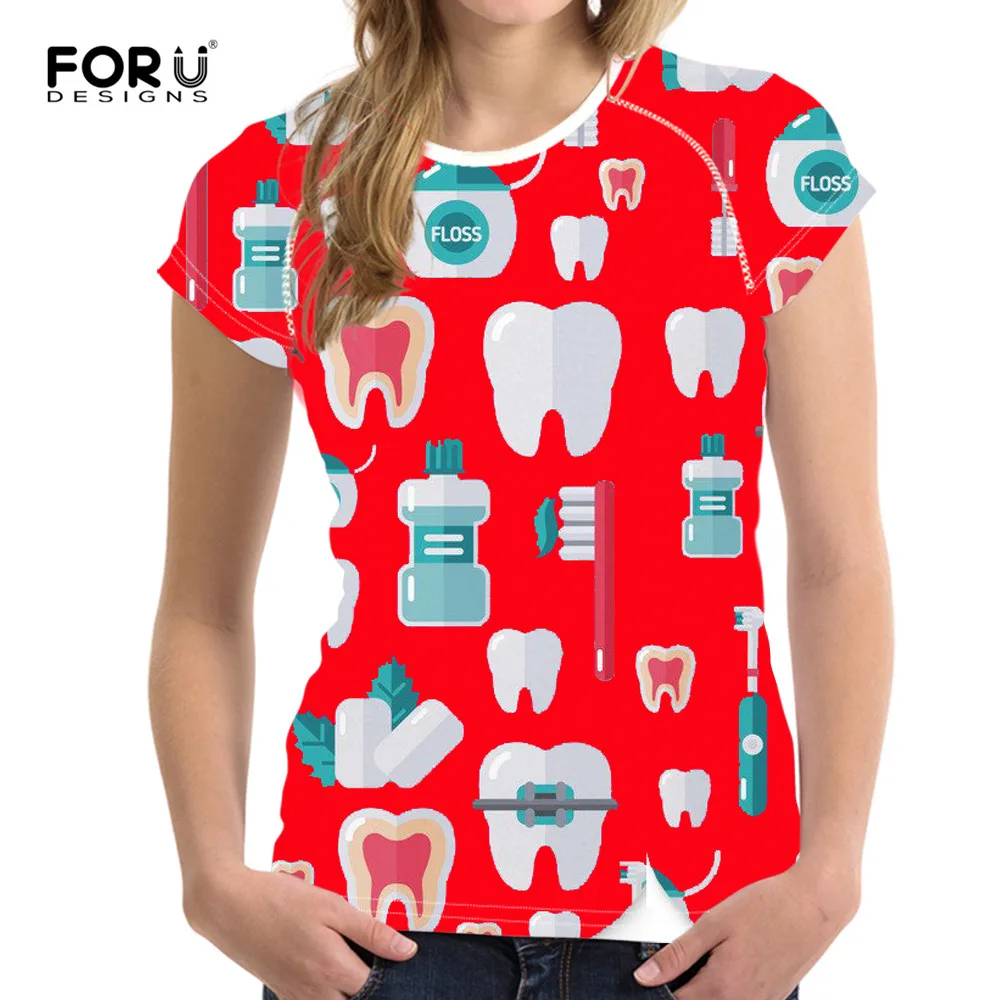

FORUDESIGNS Summer Women T Shirt Casual Fashion Brand Women's Clothes Cute Cartoon Dentist Pattern Ladies Tops O-neck Tees 2018