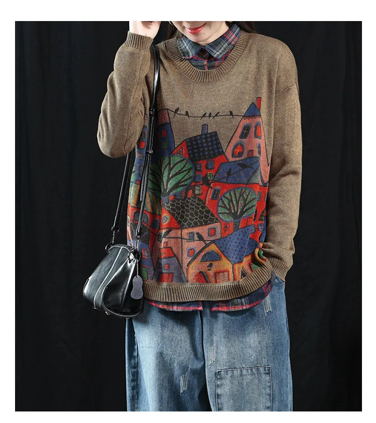 Осенний свитер с круглым вырезом и длинными рукавами в стиле ретро с принтом из мультфильма js