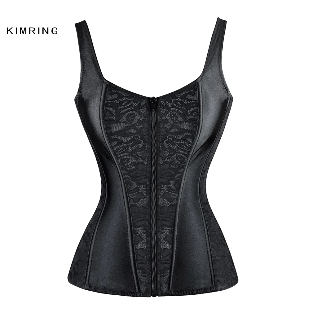 

Kimring Plus Size Brocade Overbust Corset Vest Gothic Lace Zipper Corsets and Bustiers Waist Trainer Cincher Shapewear Corselet