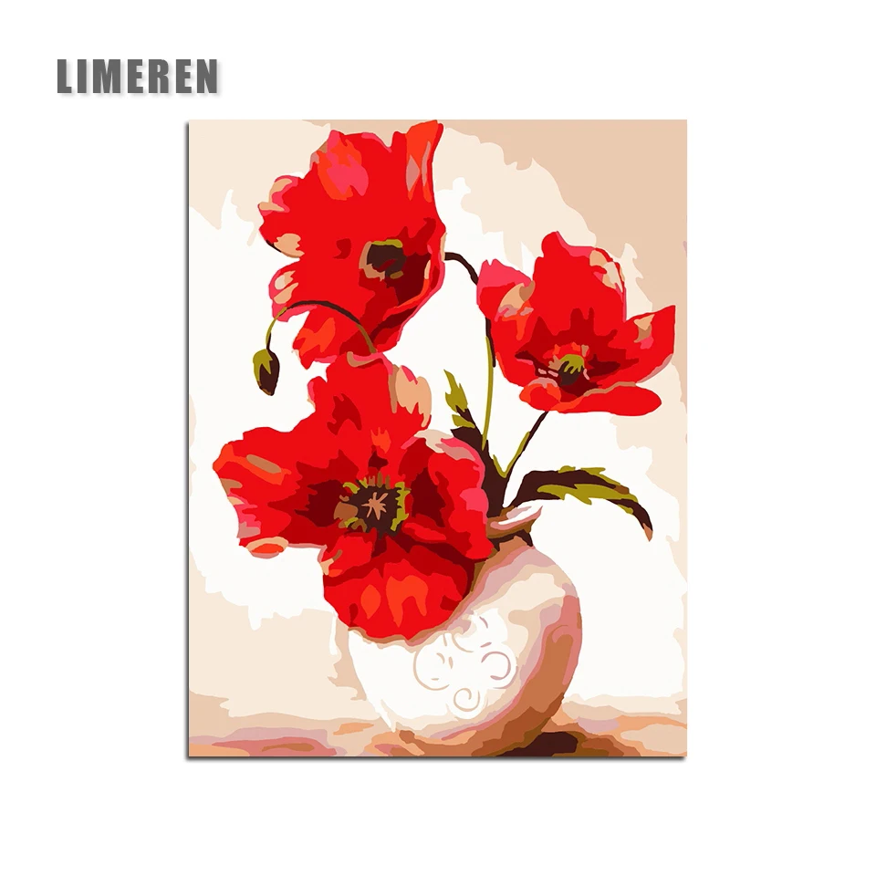 

Red Flower DIY Framed Pictures Painting By Numbers Free Shipping DIY Digital Canvas Oil Painting Home Decor