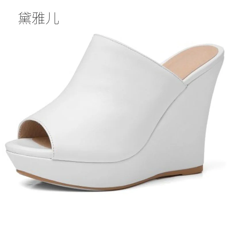

2018 Summer Fashion White Genuine Leather Sexy Wedges Slippers High Heels Sandals for Women's with Female Shoes Woman Ladies