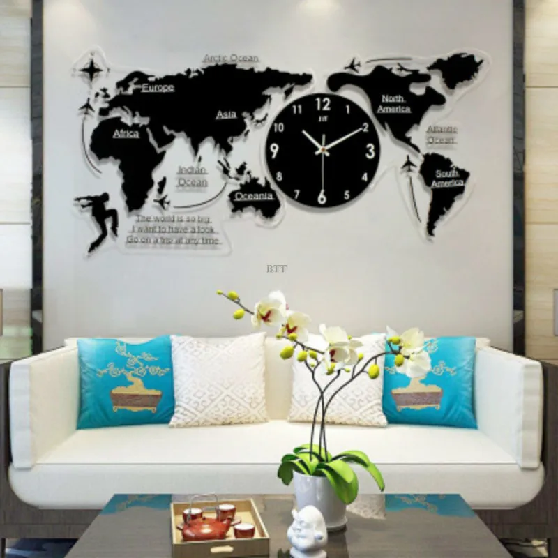 

Creative Simple Nordic Acrylic 3D Wall Clock 2019 New World Map Clock European Living Room Silent Wall Clock