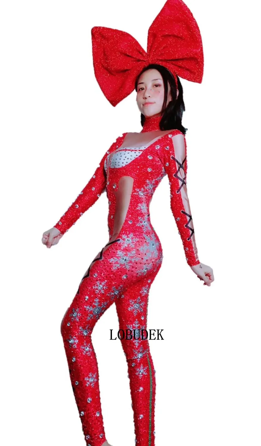 Красные стразы растягивающийся костюм женский костюм сексуальный ночной клуб бар певец DJ сценический наряд вечерние торжественные шоу Комбинезоны для занятий танцами
