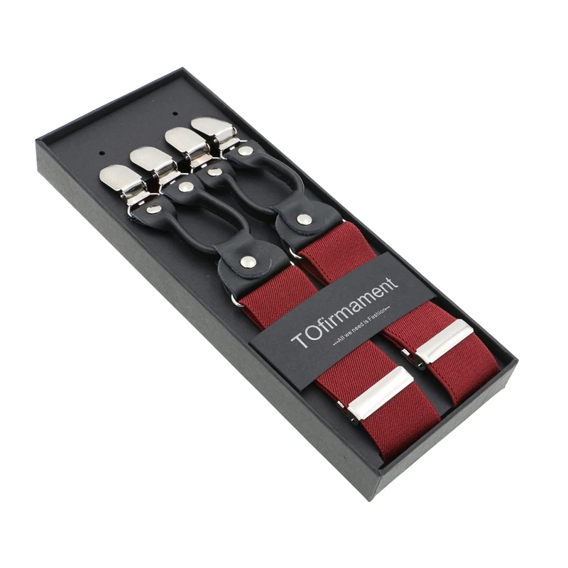 

6 Clips Strong Solid Elastic Fashion Mens Polyester Suspenders Straps Trousers Braces Y-Back Adjustable Premium Gift Box Pack