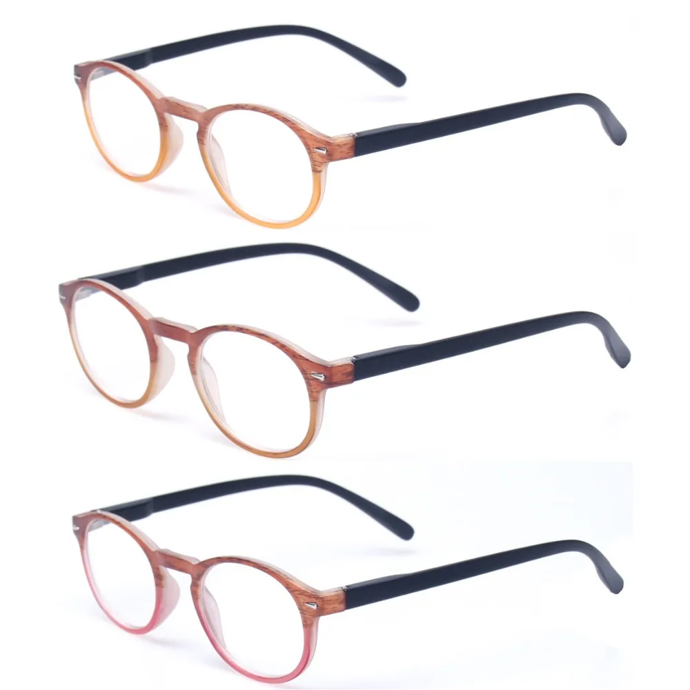 

Classic Retro Round Reading Glasses Set Of 3 Spring Hinge Men and Women Wood-Look Readers Presbyopia Glasses