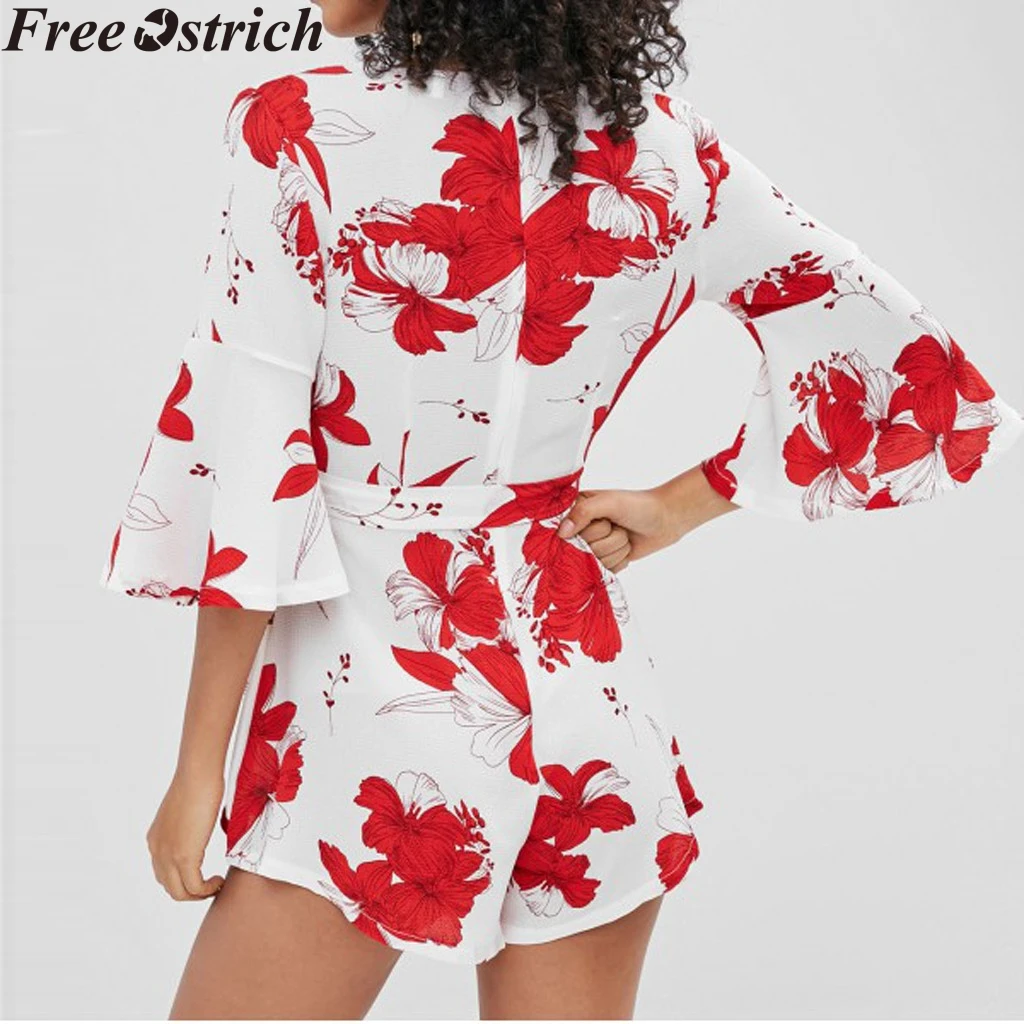 Women's Summer Belt Jumpsuit Short Sleeve Loose Flower Print High Waist Plus Size Ladies Casual V neck Rompers|Комбинезоны c