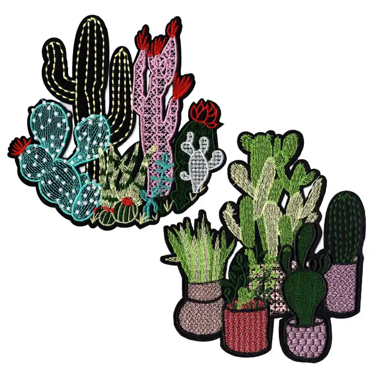 Nouveau Grand Dessin Animé Cactus Fleur Broderie Tissu Patch Vêtements Bricolage Trou Vêtements Accessoires Avec Colle