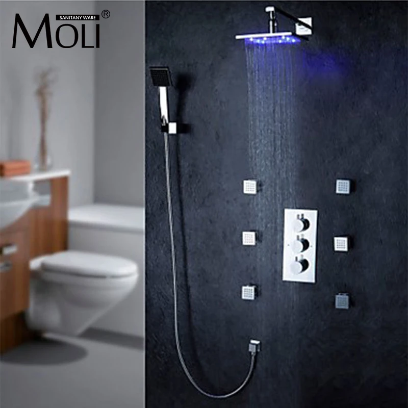 

LED Rainfall Shower set Wall Mount Thermostatic Chrome Shower Faucet with BodySprays