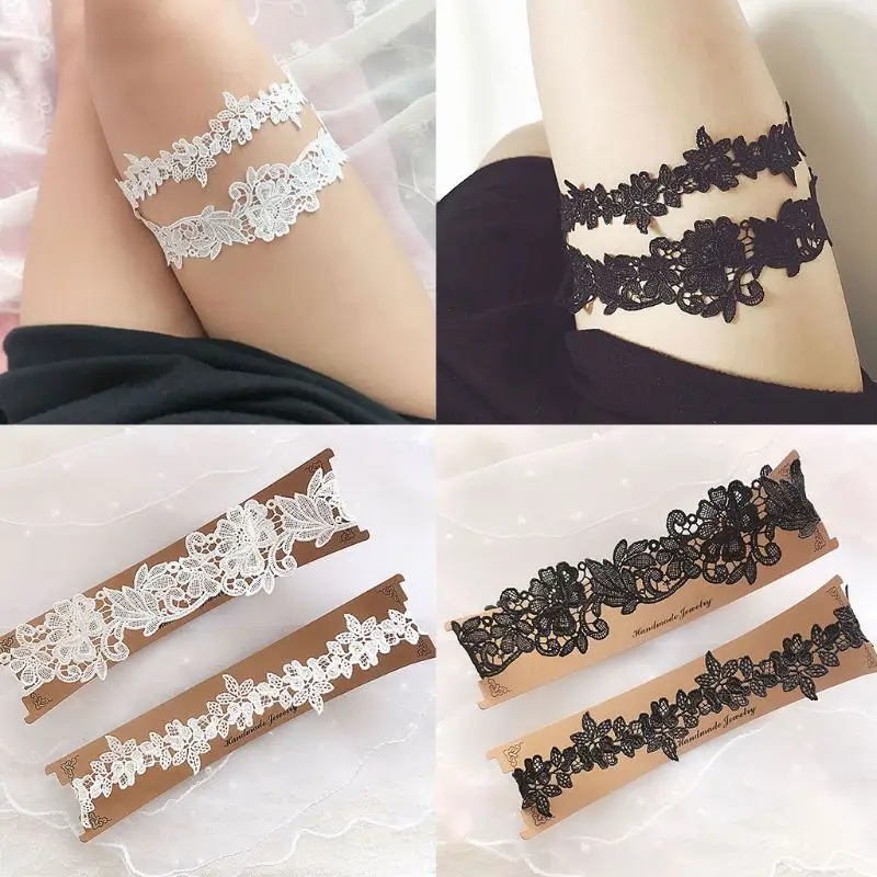 

2Pcs/Set Women Wedding Bridal Leg Garters Solid Color Black/White Lace Flower Hollow Out Embroidered Stretchy Thigh Rings Rubber