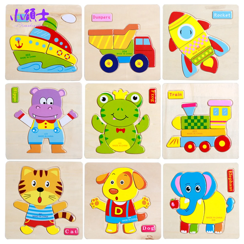Montessori Method Animal Wooden Jigsaw Puzzle Cartoon Tangram Animals Baby Toy Child Early Educational Toys Jigsaw Board
